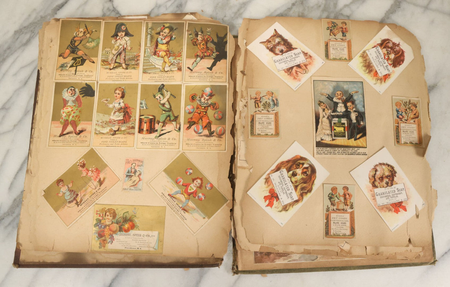 Lot 053 - Antique Victorian Trade Card And Die Cut Scrapbook Album, Note Both Covers Detached, With 125+ Pieces, Many With Cats, Dogs, Frogs, And Clowns, General Grant Litho (All Pages Pictured)