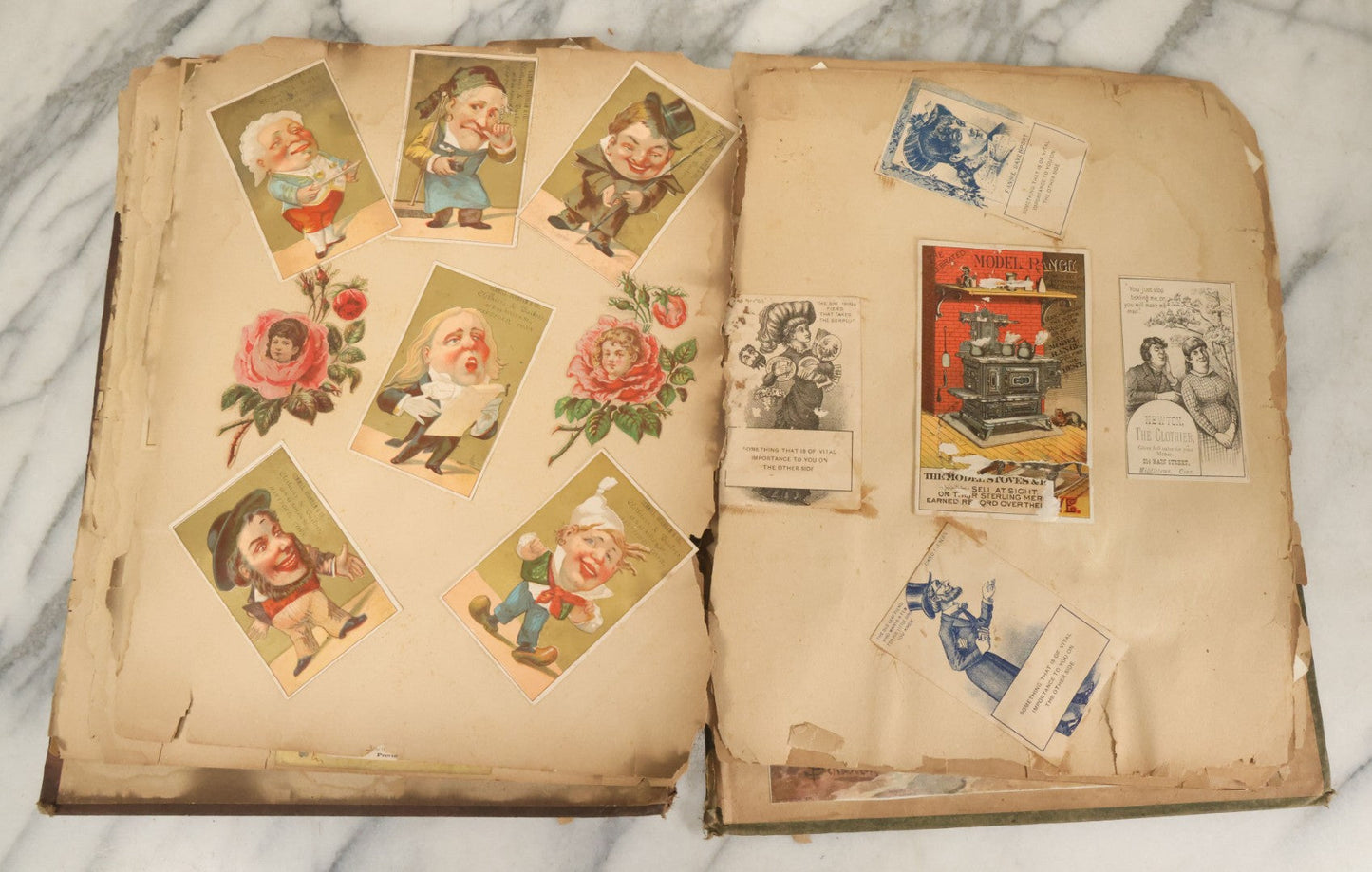 Lot 053 - Antique Victorian Trade Card And Die Cut Scrapbook Album, Note Both Covers Detached, With 125+ Pieces, Many With Cats, Dogs, Frogs, And Clowns, General Grant Litho (All Pages Pictured)