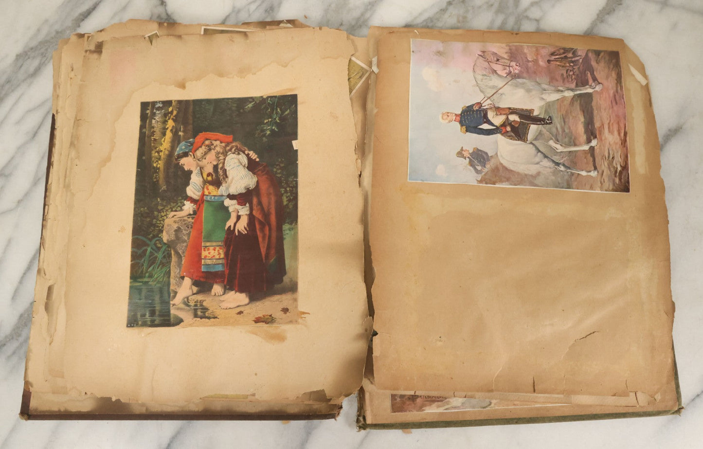 Lot 053 - Antique Victorian Trade Card And Die Cut Scrapbook Album, Note Both Covers Detached, With 125+ Pieces, Many With Cats, Dogs, Frogs, And Clowns, General Grant Litho (All Pages Pictured)