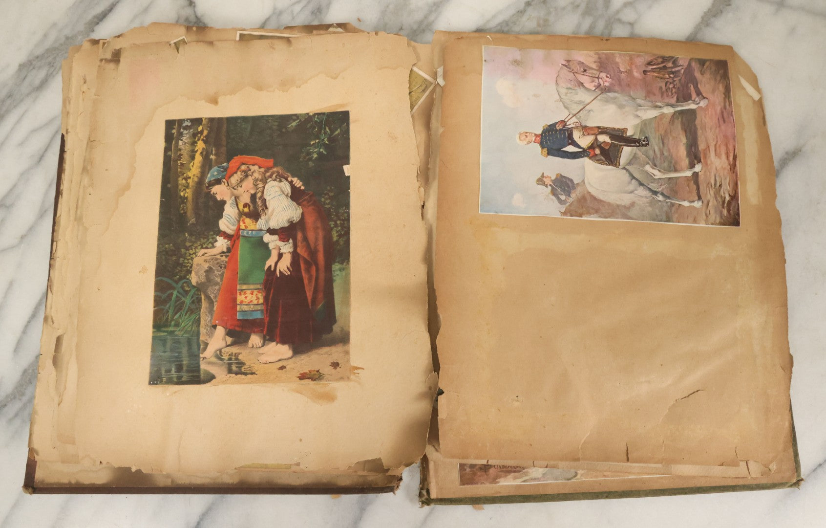 Lot 053 - Antique Victorian Trade Card And Die Cut Scrapbook Album, Note Both Covers Detached, With 125+ Pieces, Many With Cats, Dogs, Frogs, And Clowns, General Grant Litho (All Pages Pictured)