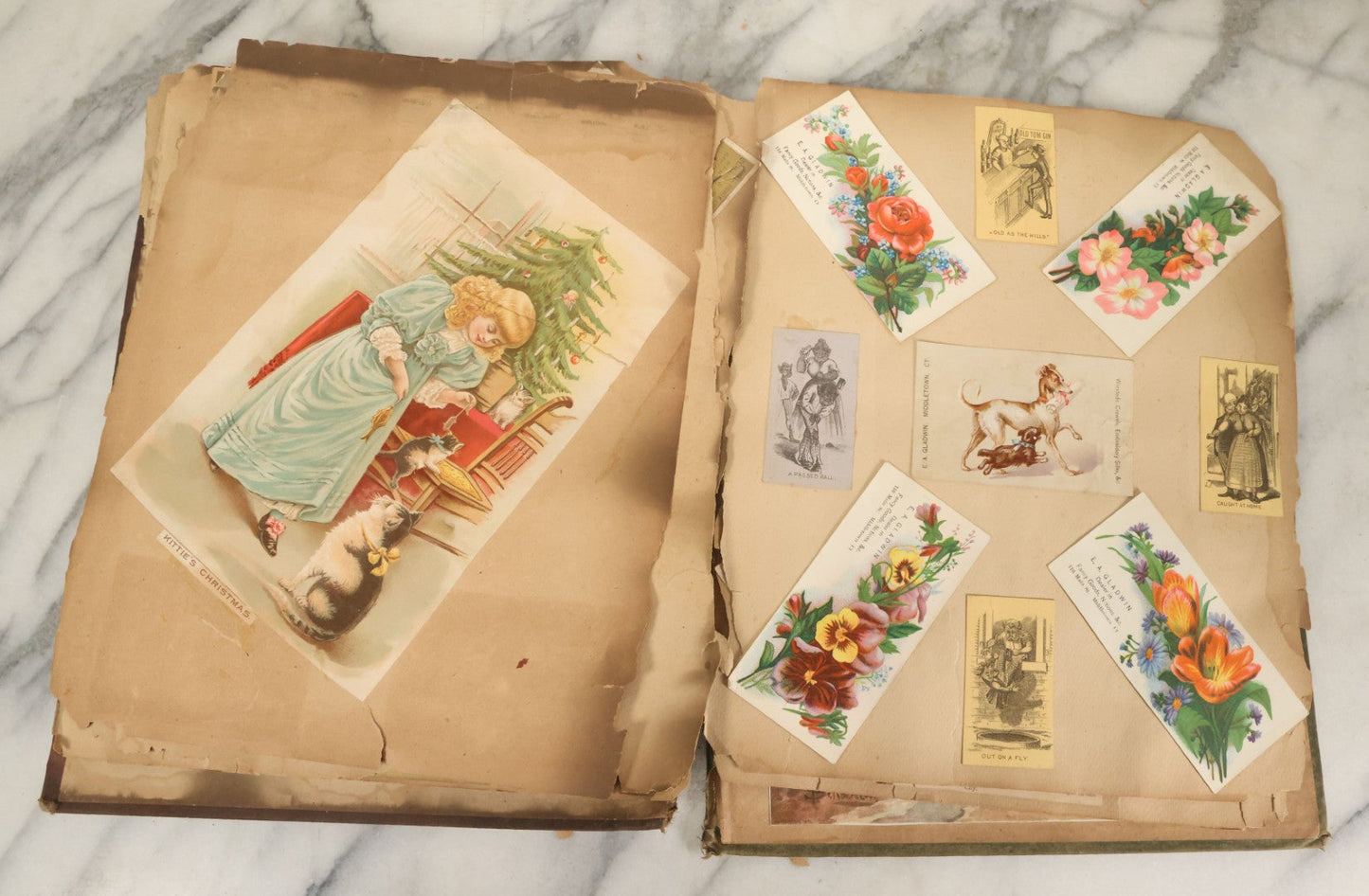 Lot 053 - Antique Victorian Trade Card And Die Cut Scrapbook Album, Note Both Covers Detached, With 125+ Pieces, Many With Cats, Dogs, Frogs, And Clowns, General Grant Litho (All Pages Pictured)