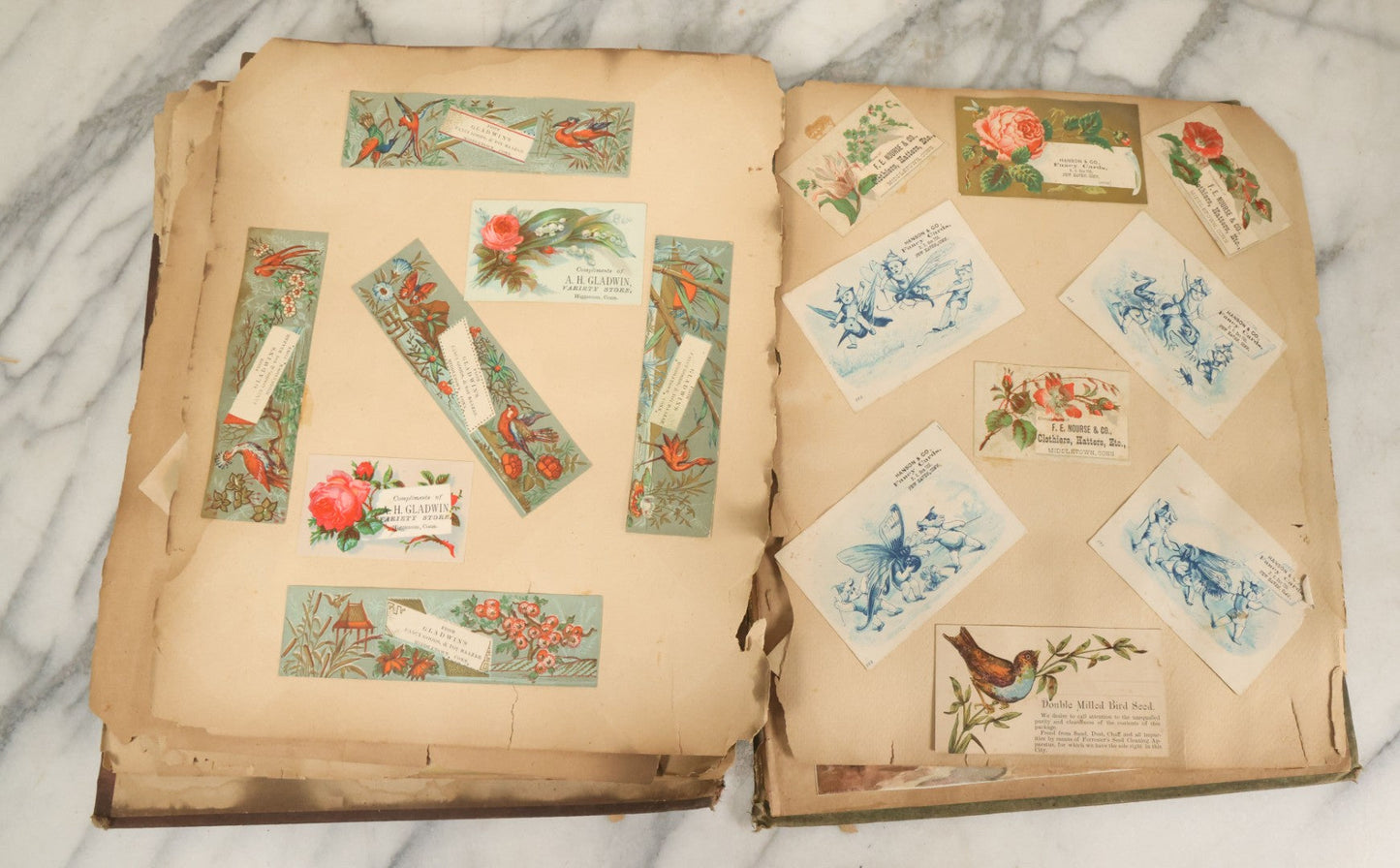 Lot 053 - Antique Victorian Trade Card And Die Cut Scrapbook Album, Note Both Covers Detached, With 125+ Pieces, Many With Cats, Dogs, Frogs, And Clowns, General Grant Litho (All Pages Pictured)