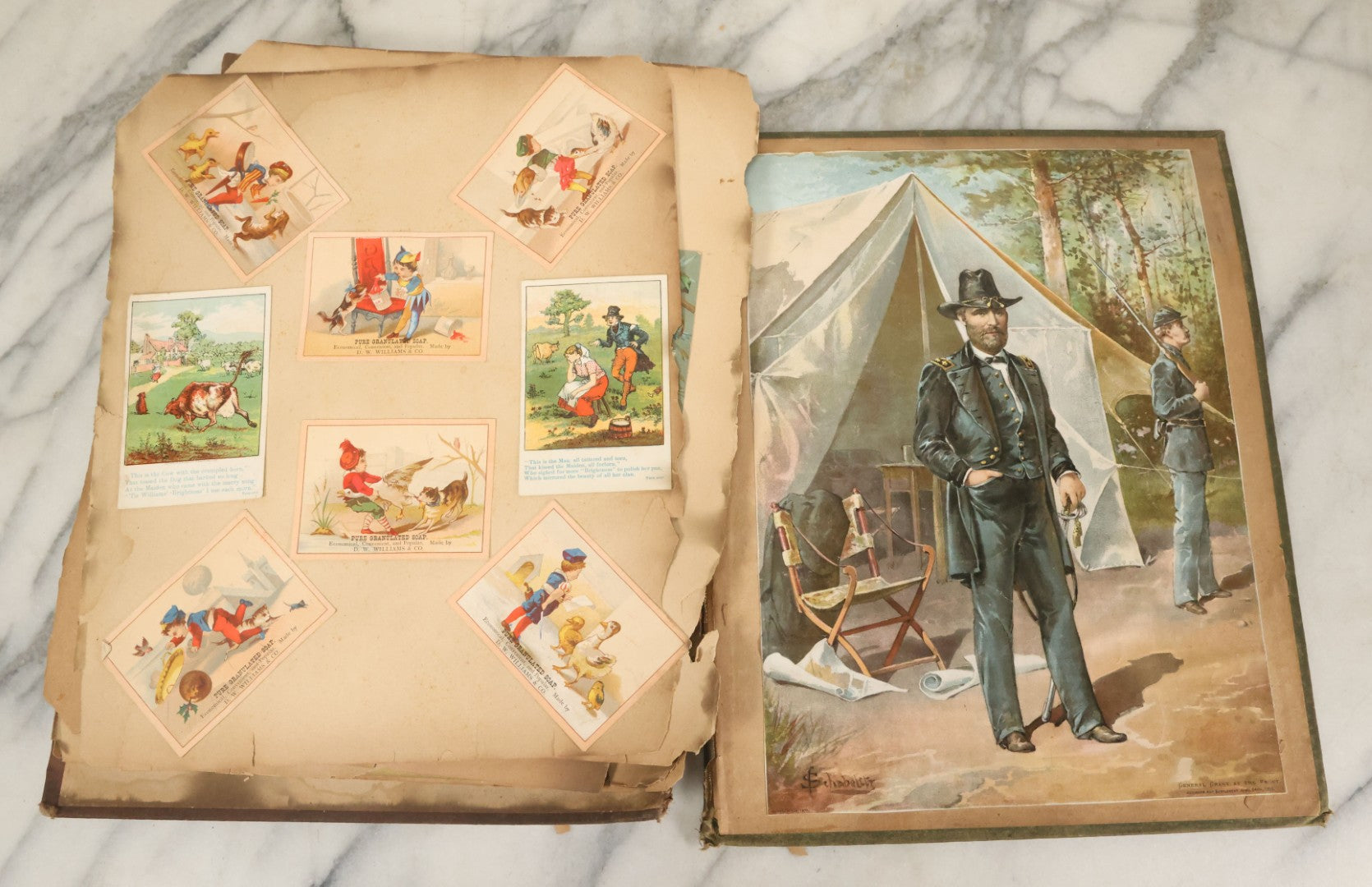 Lot 053 - Antique Victorian Trade Card And Die Cut Scrapbook Album, Note Both Covers Detached, With 125+ Pieces, Many With Cats, Dogs, Frogs, And Clowns, General Grant Litho (All Pages Pictured)