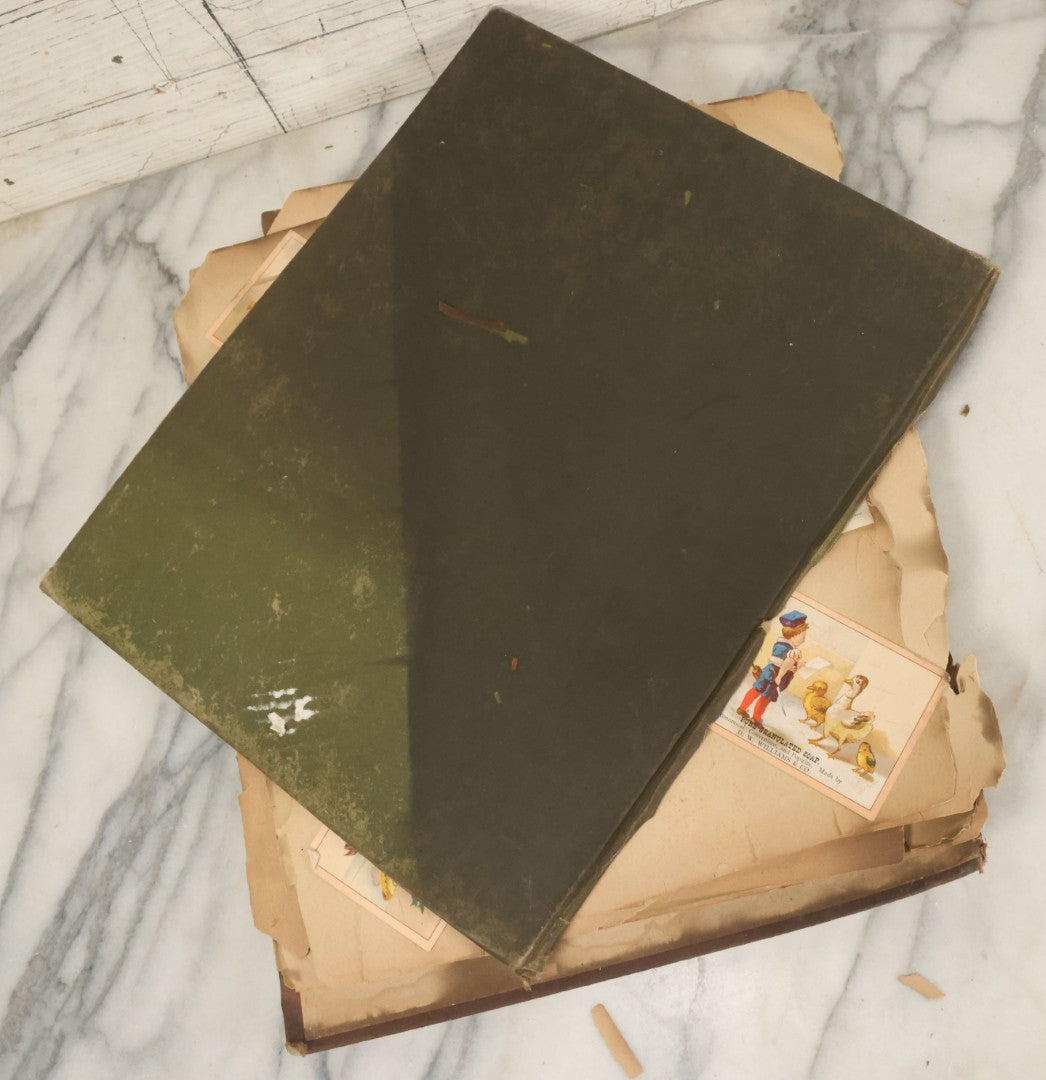 Lot 053 - Antique Victorian Trade Card And Die Cut Scrapbook Album, Note Both Covers Detached, With 125+ Pieces, Many With Cats, Dogs, Frogs, And Clowns, General Grant Litho (All Pages Pictured)