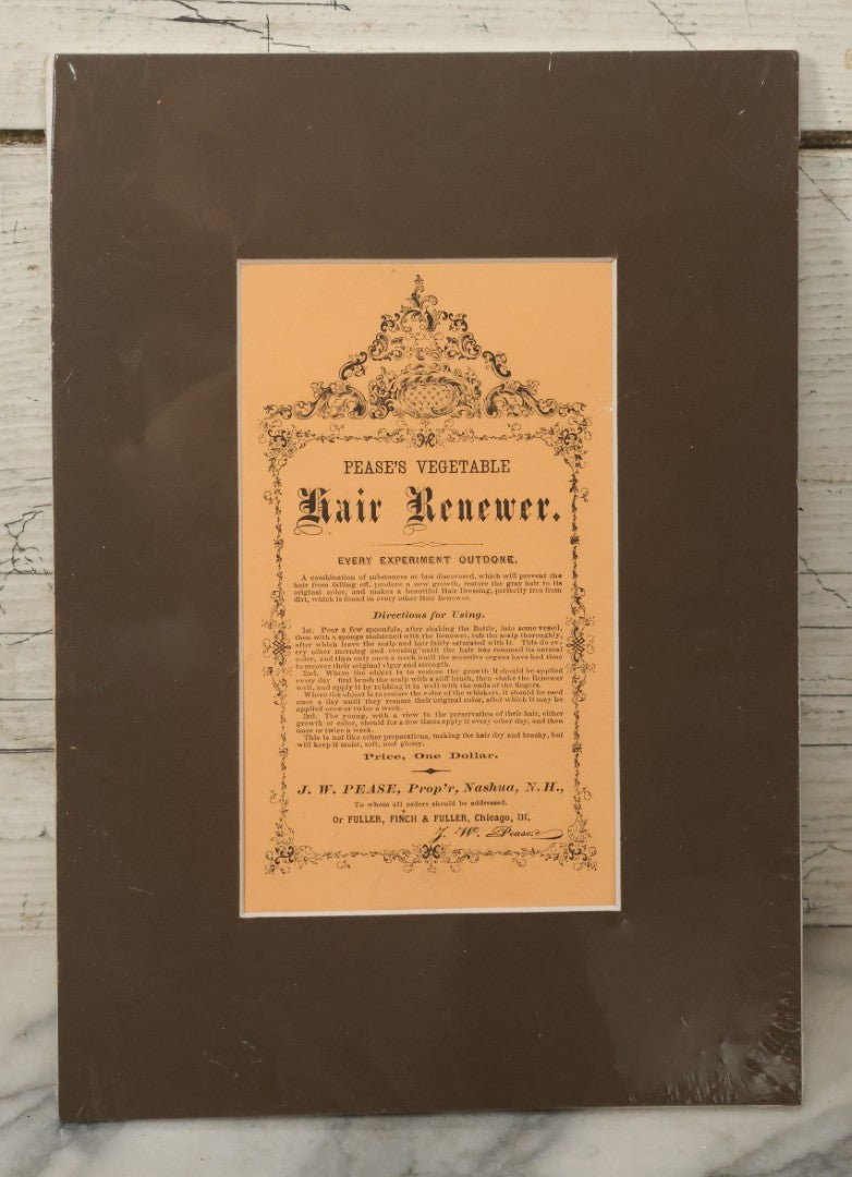 Lot 057 - Antique Pease's Vegetable Hair Renewer, Snake Oil Medicine Directions Insert, J.W. Pease Proprietor, Nashua, New Hampshire, Matted And Shrink Wrapped