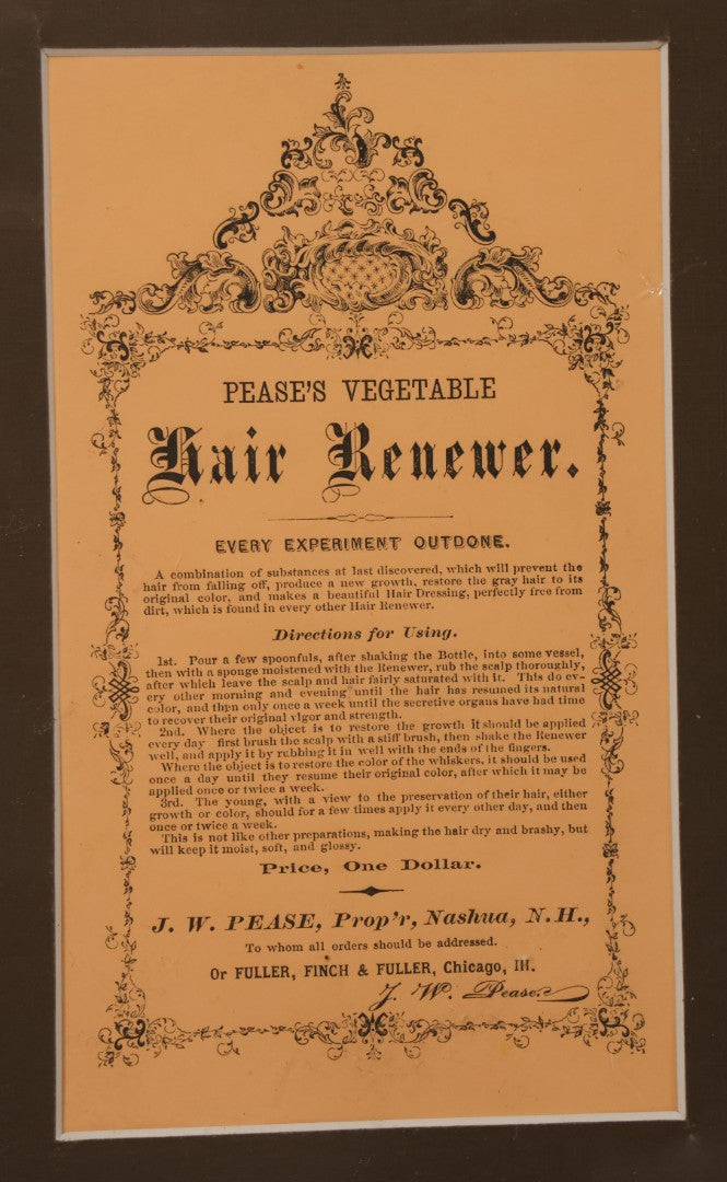 Lot 057 - Antique Pease's Vegetable Hair Renewer, Snake Oil Medicine Directions Insert, J.W. Pease Proprietor, Nashua, New Hampshire, Matted And Shrink Wrapped