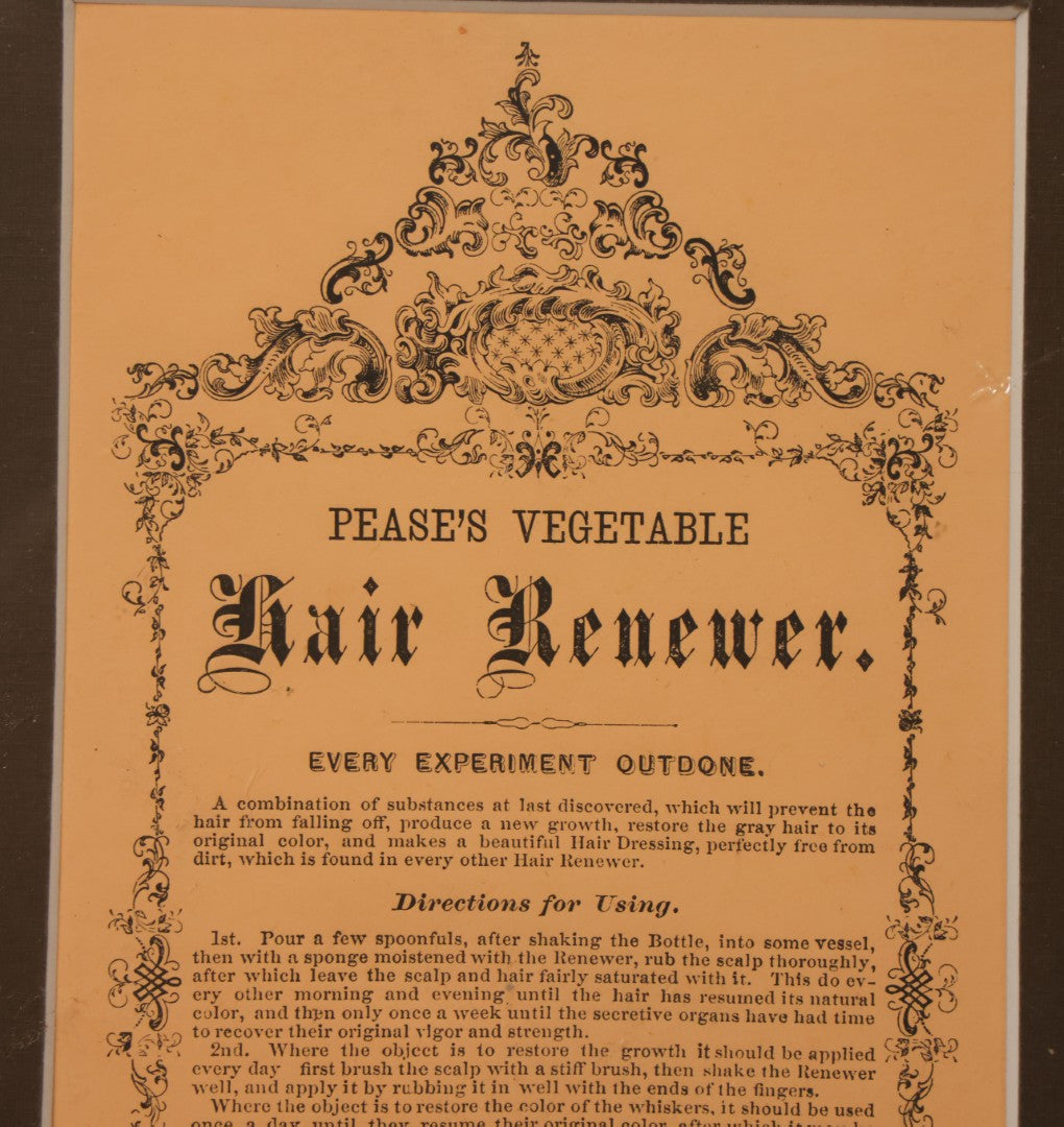 Lot 057 - Antique Pease's Vegetable Hair Renewer, Snake Oil Medicine Directions Insert, J.W. Pease Proprietor, Nashua, New Hampshire, Matted And Shrink Wrapped