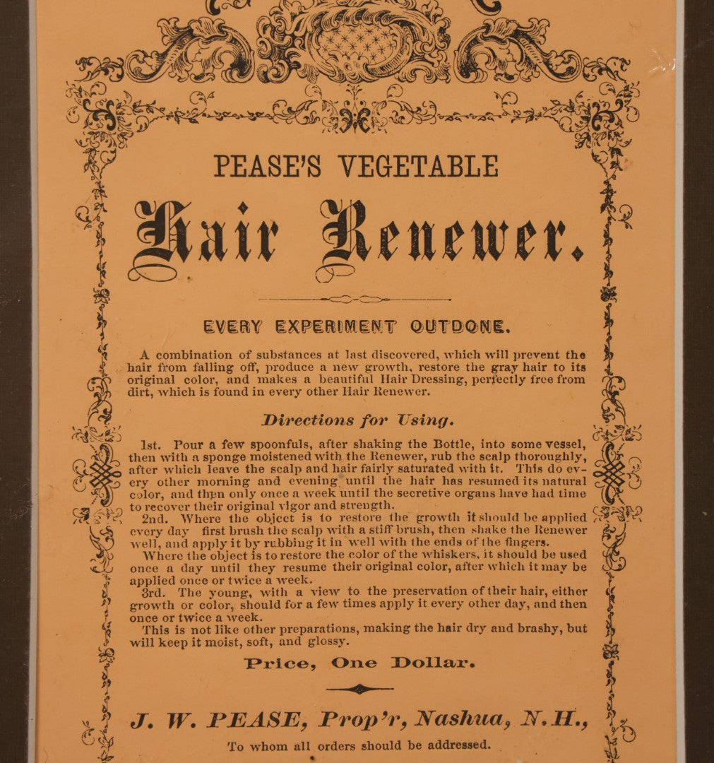 Lot 057 - Antique Pease's Vegetable Hair Renewer, Snake Oil Medicine Directions Insert, J.W. Pease Proprietor, Nashua, New Hampshire, Matted And Shrink Wrapped