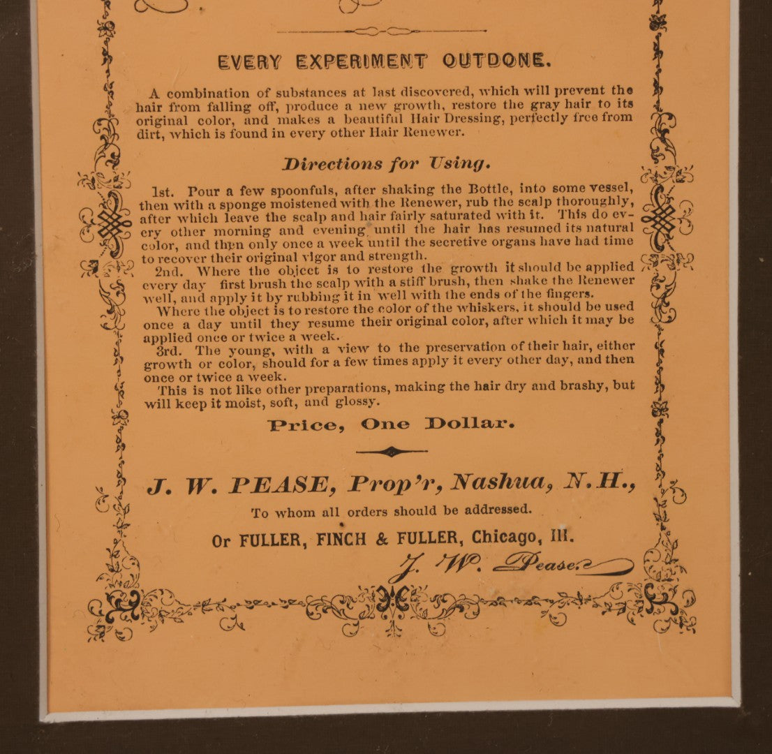 Lot 057 - Antique Pease's Vegetable Hair Renewer, Snake Oil Medicine Directions Insert, J.W. Pease Proprietor, Nashua, New Hampshire, Matted And Shrink Wrapped