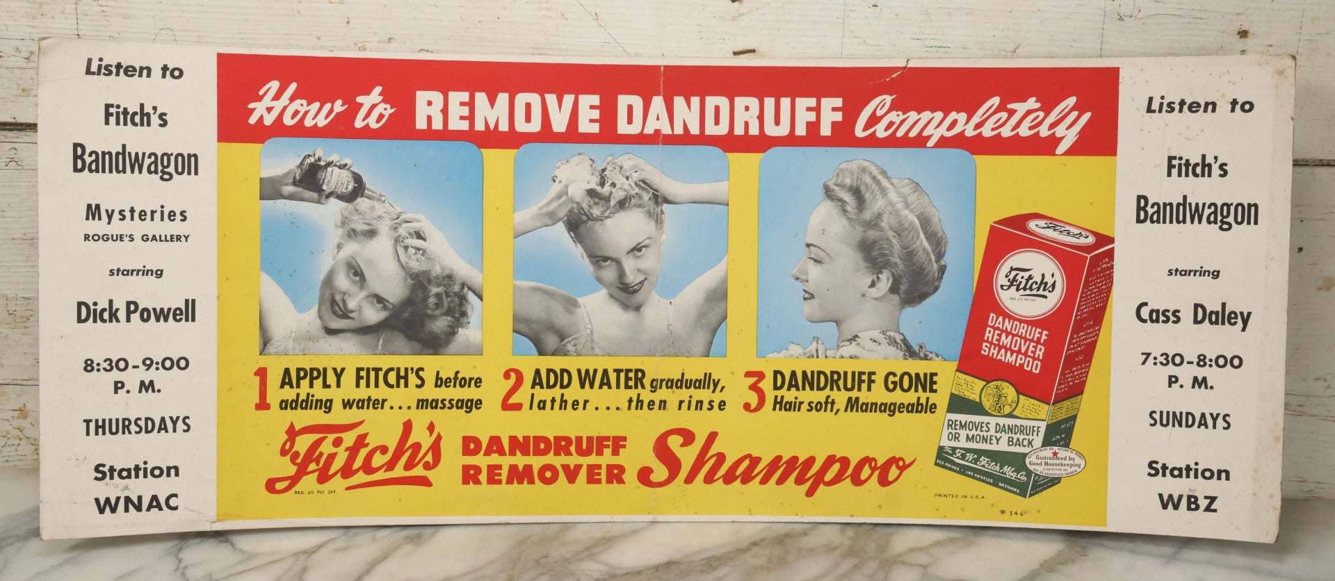 Lot 059 - Vintage Lithographed Subway Advertisement, Poster For Fitch's Dandruff Remover Shampoo And Radio Stations W.N.A.C And W.B.Z., Printed In U.S.A., Note Fold Down Center And Small Tear, 28" x 11"