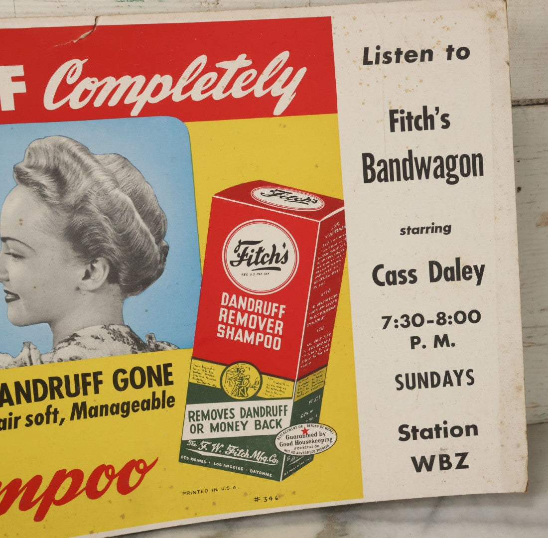 Lot 059 - Vintage Lithographed Subway Advertisement, Poster For Fitch's Dandruff Remover Shampoo And Radio Stations W.N.A.C And W.B.Z., Printed In U.S.A., Note Fold Down Center And Small Tear, 28" x 11"
