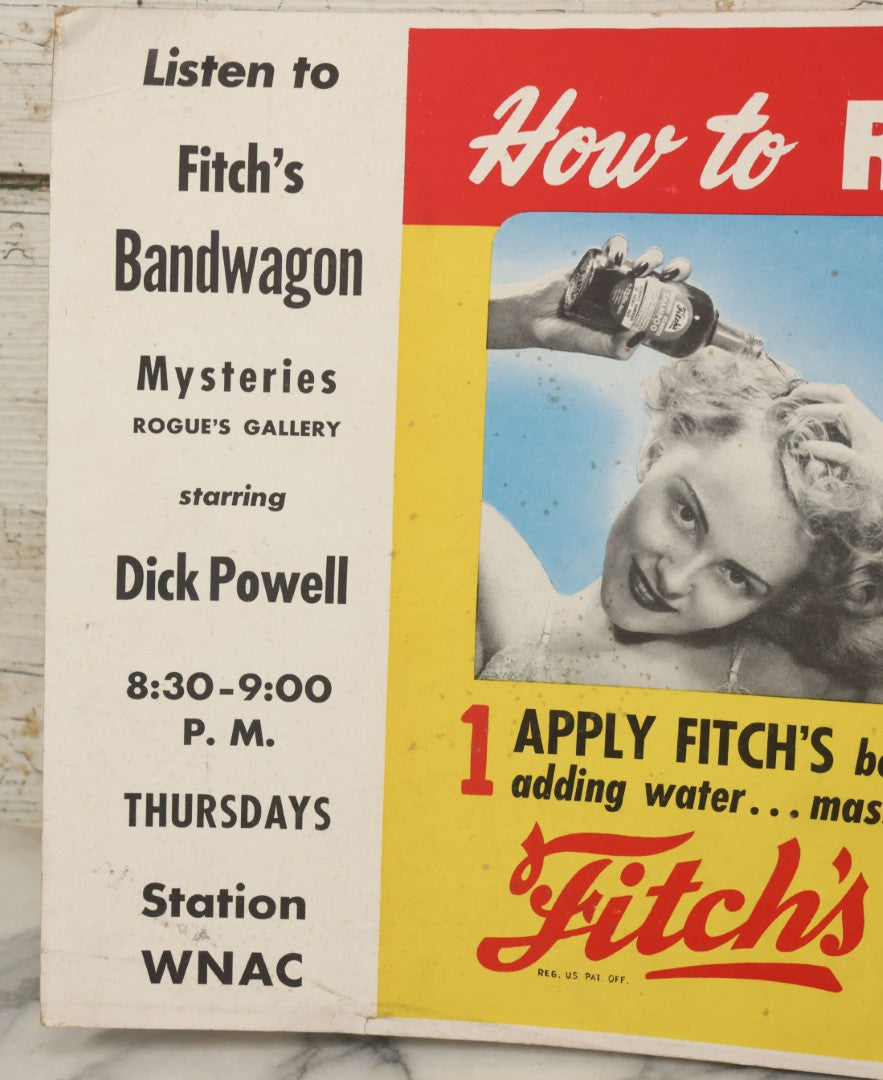 Lot 059 - Vintage Lithographed Subway Advertisement, Poster For Fitch's Dandruff Remover Shampoo And Radio Stations W.N.A.C And W.B.Z., Printed In U.S.A., Note Fold Down Center And Small Tear, 28" x 11"