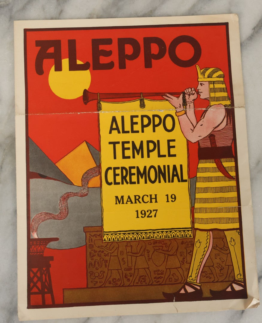 Lot 060 - Vintage Aleppo Temple Ceremonial Shriners Freemasons Pamphlet March 1927, With Egyptian Motif, Note Tear
