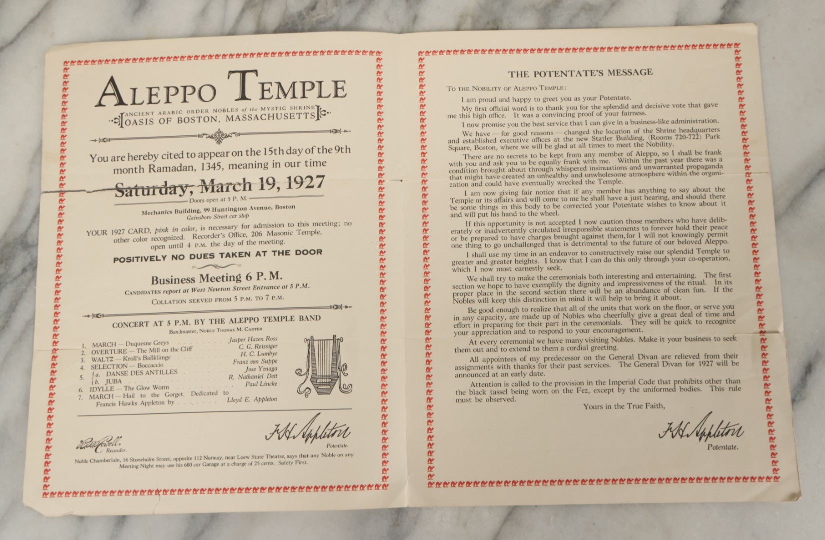Lot 060 - Vintage Aleppo Temple Ceremonial Shriners Freemasons Pamphlet March 1927, With Egyptian Motif, Note Tear