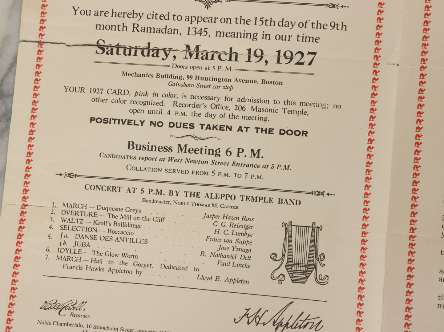 Lot 060 - Vintage Aleppo Temple Ceremonial Shriners Freemasons Pamphlet March 1927, With Egyptian Motif, Note Tear