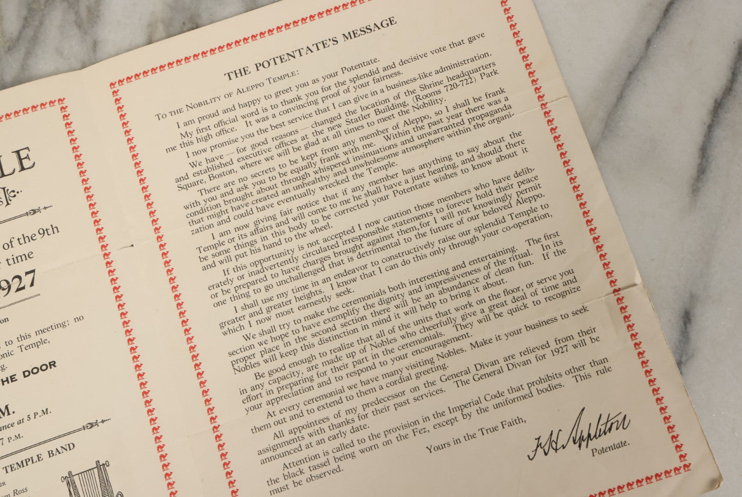 Lot 060 - Vintage Aleppo Temple Ceremonial Shriners Freemasons Pamphlet March 1927, With Egyptian Motif, Note Tear