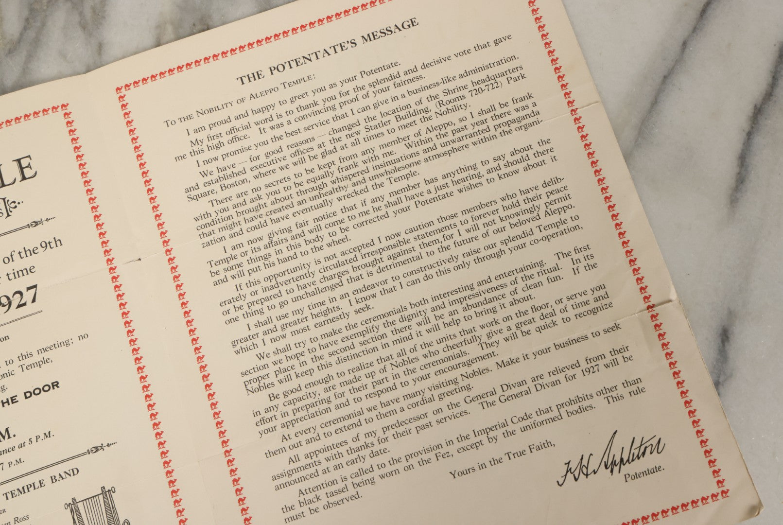 Lot 060 - Vintage Aleppo Temple Ceremonial Shriners Freemasons Pamphlet March 1927, With Egyptian Motif, Note Tear