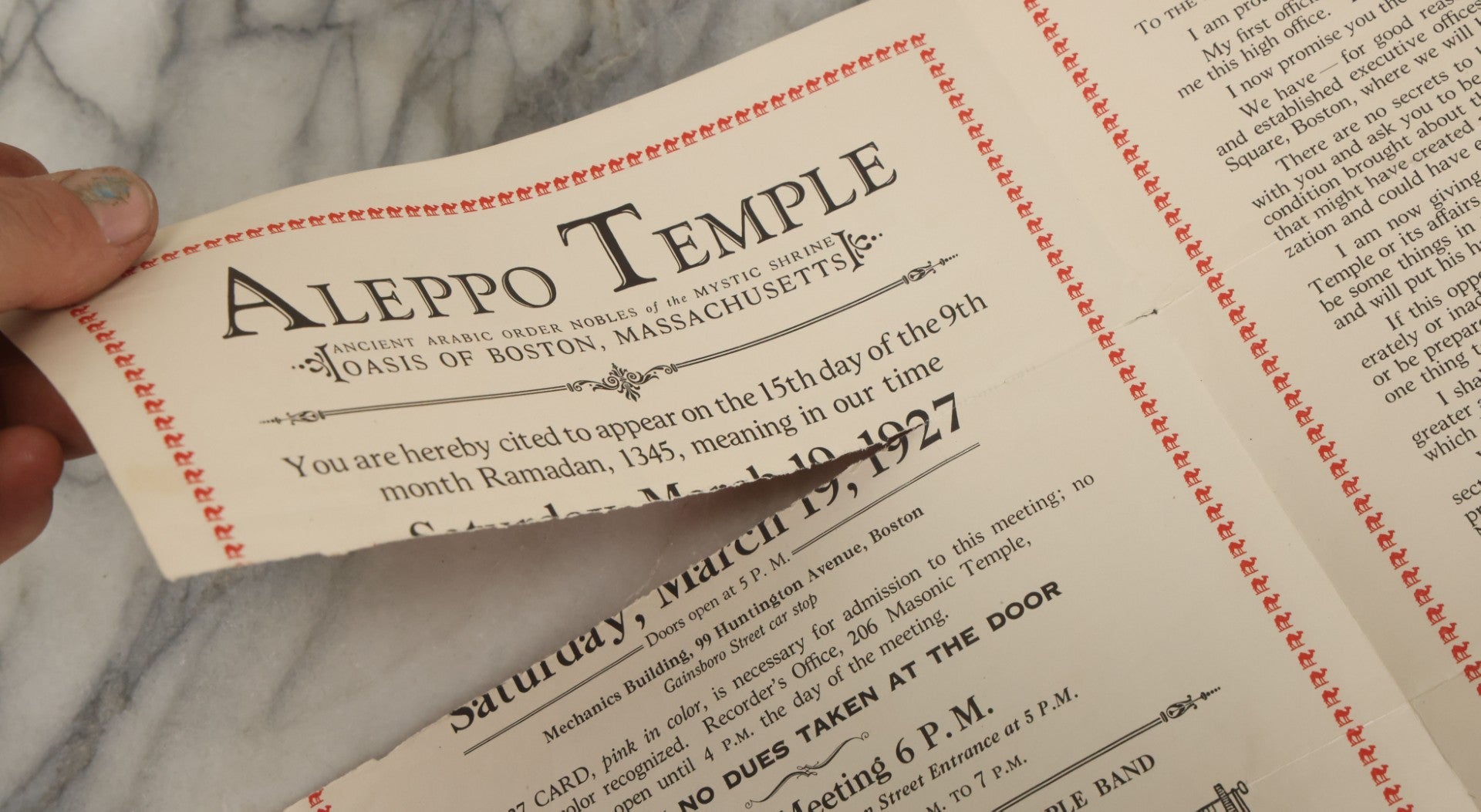 Lot 060 - Vintage Aleppo Temple Ceremonial Shriners Freemasons Pamphlet March 1927, With Egyptian Motif, Note Tear