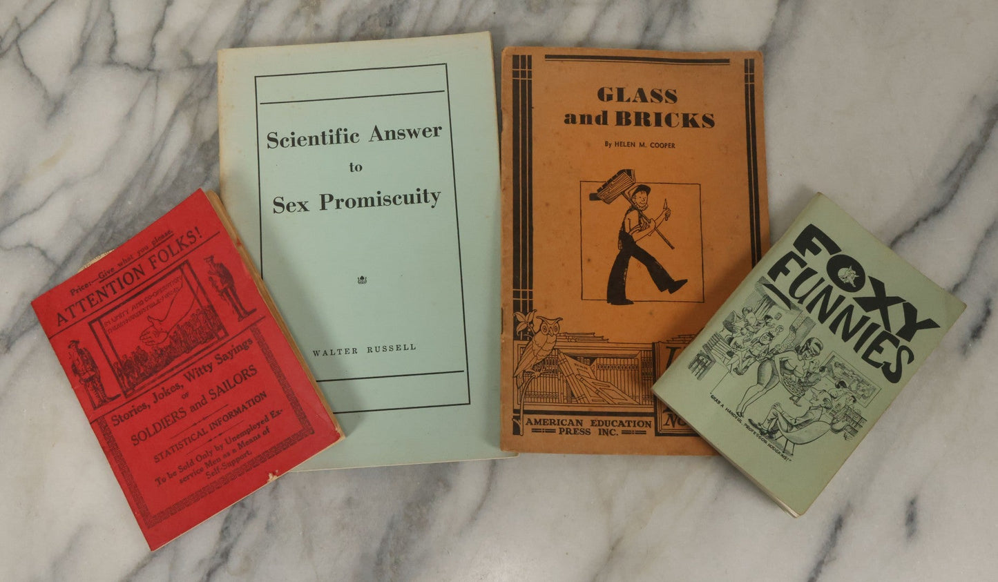 Lot 062 - Grouping Of Four Vintage Novelty Booklets Including "Sex Promiscuity", "Foxy Funnies", "Jokes Of Soldiers And Sailors" And "Glass And Bricks"