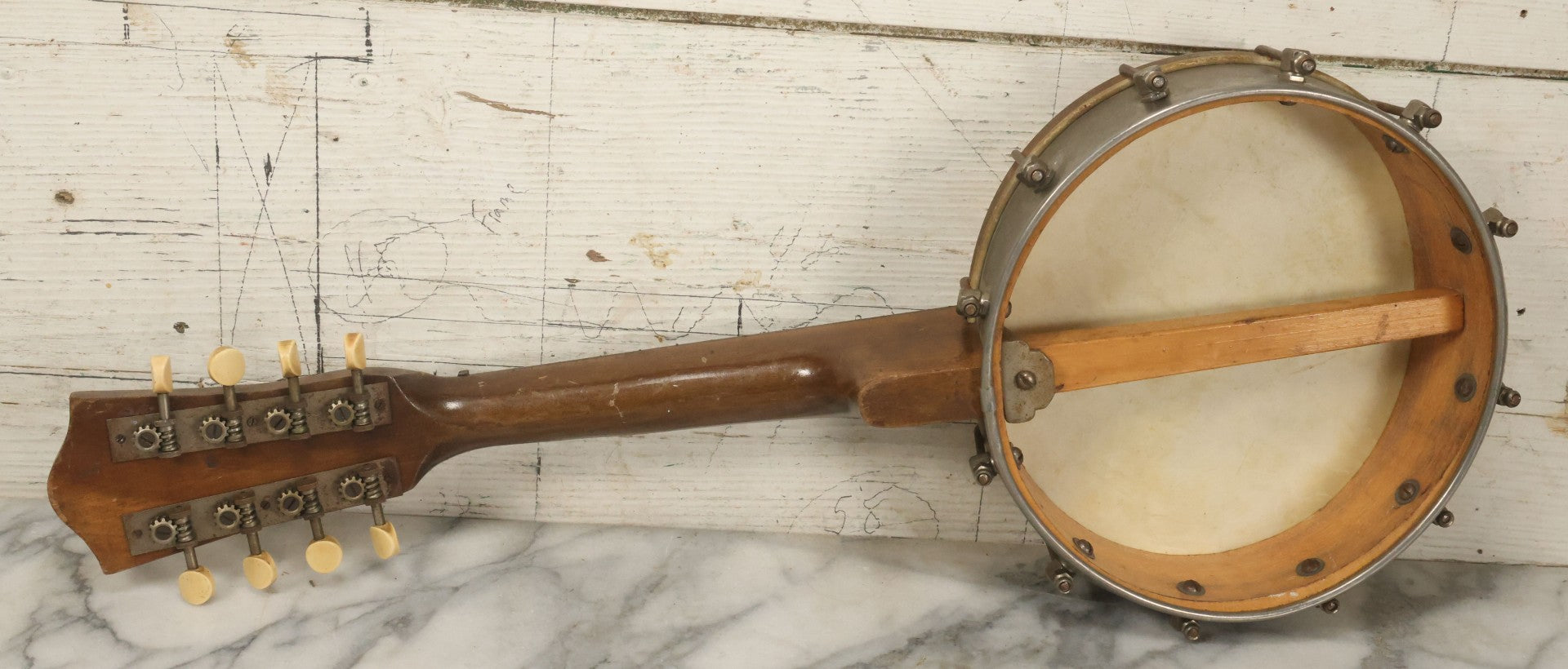 Lot 066 - Vintage 8 String Mandolin Ukulele Banjo Mandolele, All Strings Present But Likely Needs Restrung, Tuning, Refurbishment, Not Tested, 22" Long