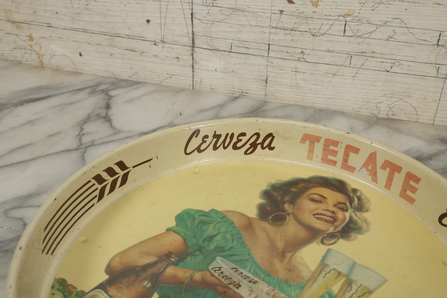 Lot 068 - Vintage Tecate Cerveza Estupenda Tin Lithograph Advertising Beer Tray, 13-1/8" Diameter