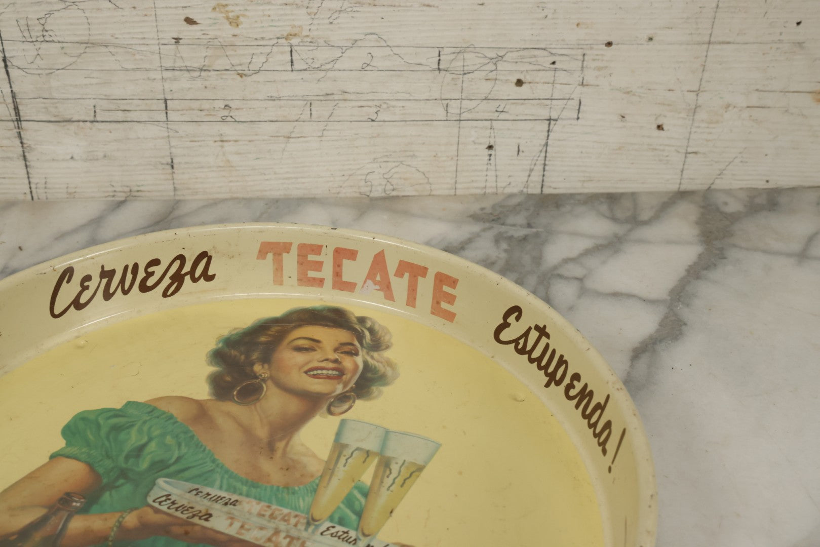 Lot 068 - Vintage Tecate Cerveza Estupenda Tin Lithograph Advertising Beer Tray, 13-1/8" Diameter