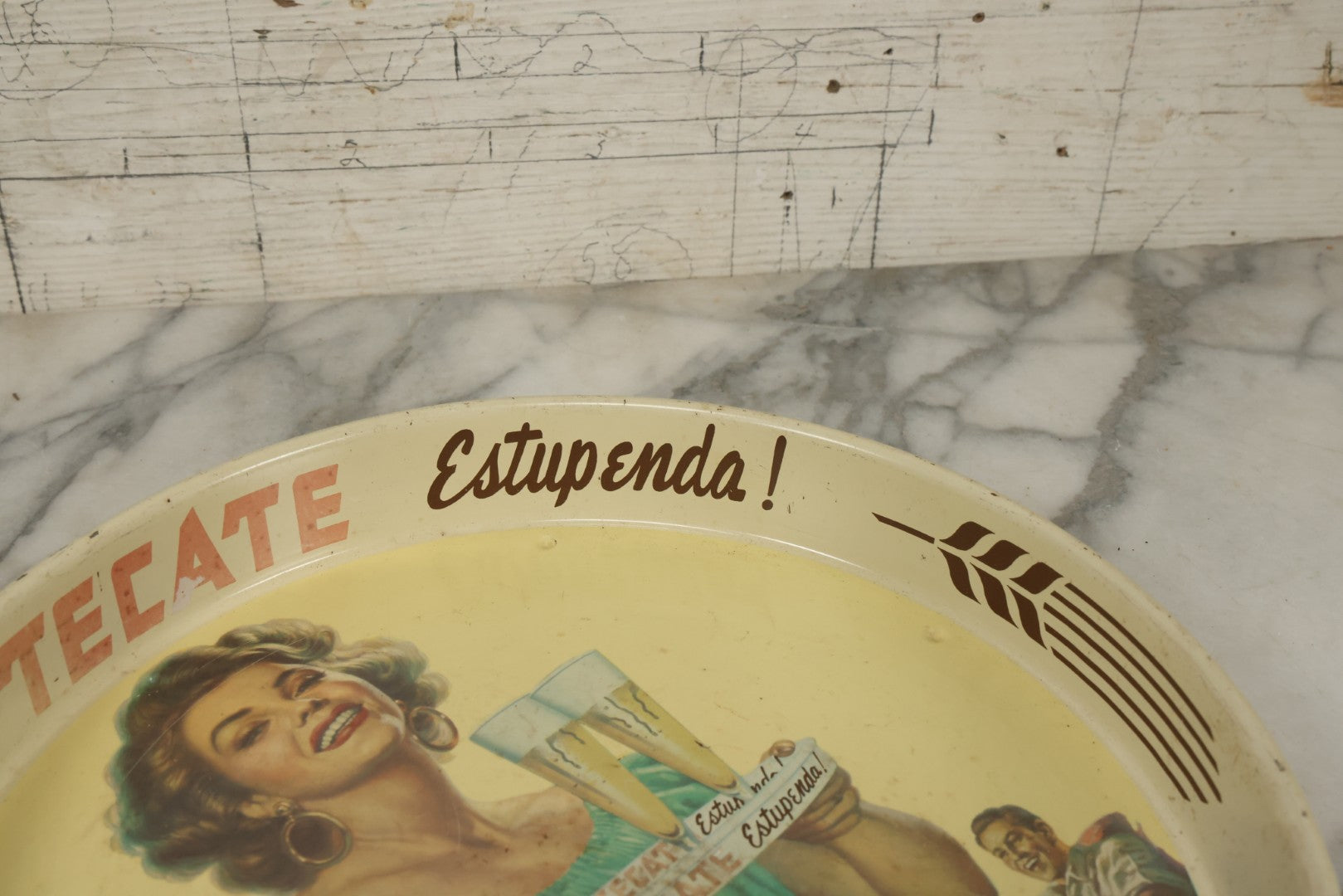 Lot 068 - Vintage Tecate Cerveza Estupenda Tin Lithograph Advertising Beer Tray, 13-1/8" Diameter
