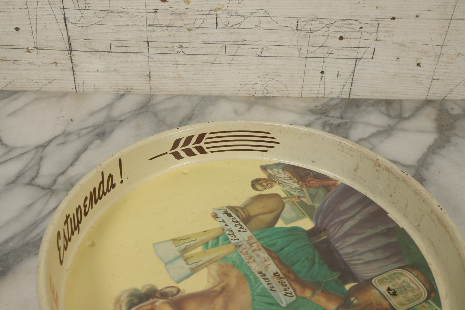 Lot 068 - Vintage Tecate Cerveza Estupenda Tin Lithograph Advertising Beer Tray, 13-1/8" Diameter