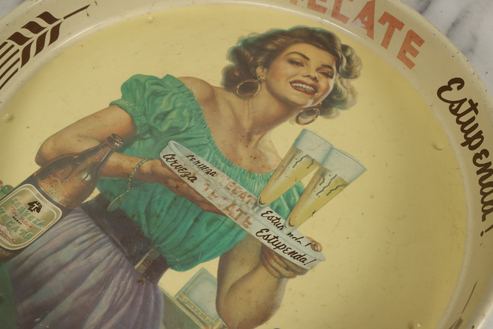 Lot 068 - Vintage Tecate Cerveza Estupenda Tin Lithograph Advertising Beer Tray, 13-1/8" Diameter