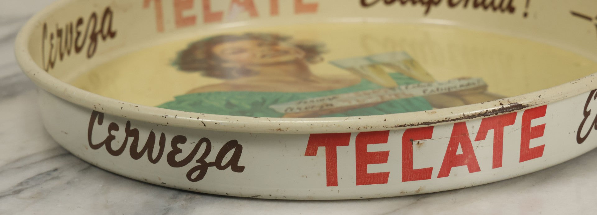 Lot 068 - Vintage Tecate Cerveza Estupenda Tin Lithograph Advertising Beer Tray, 13-1/8" Diameter