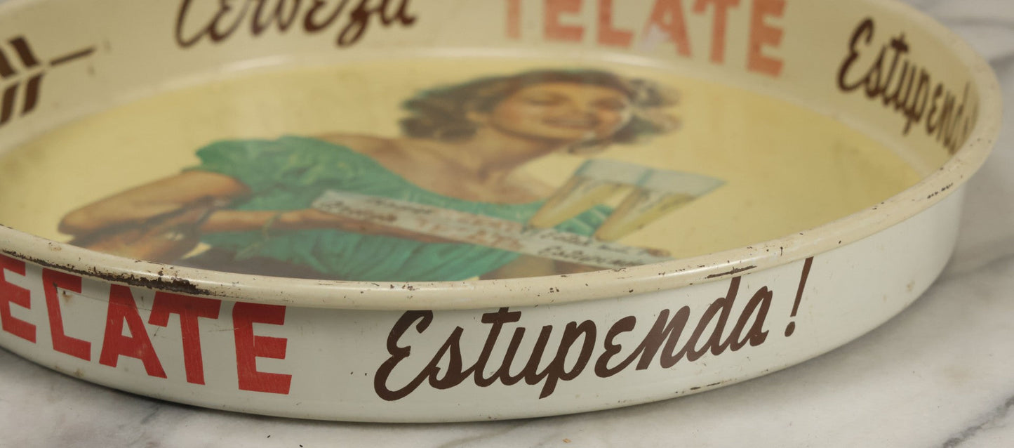 Lot 068 - Vintage Tecate Cerveza Estupenda Tin Lithograph Advertising Beer Tray, 13-1/8" Diameter