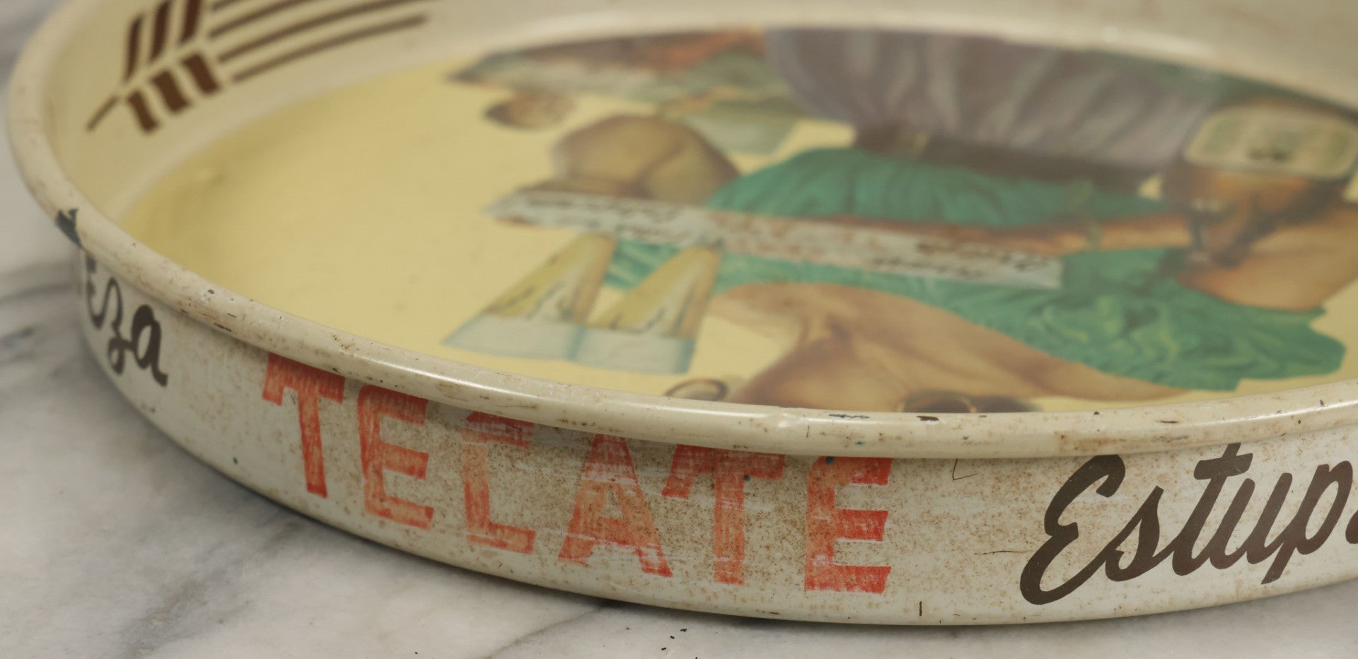 Lot 068 - Vintage Tecate Cerveza Estupenda Tin Lithograph Advertising Beer Tray, 13-1/8" Diameter