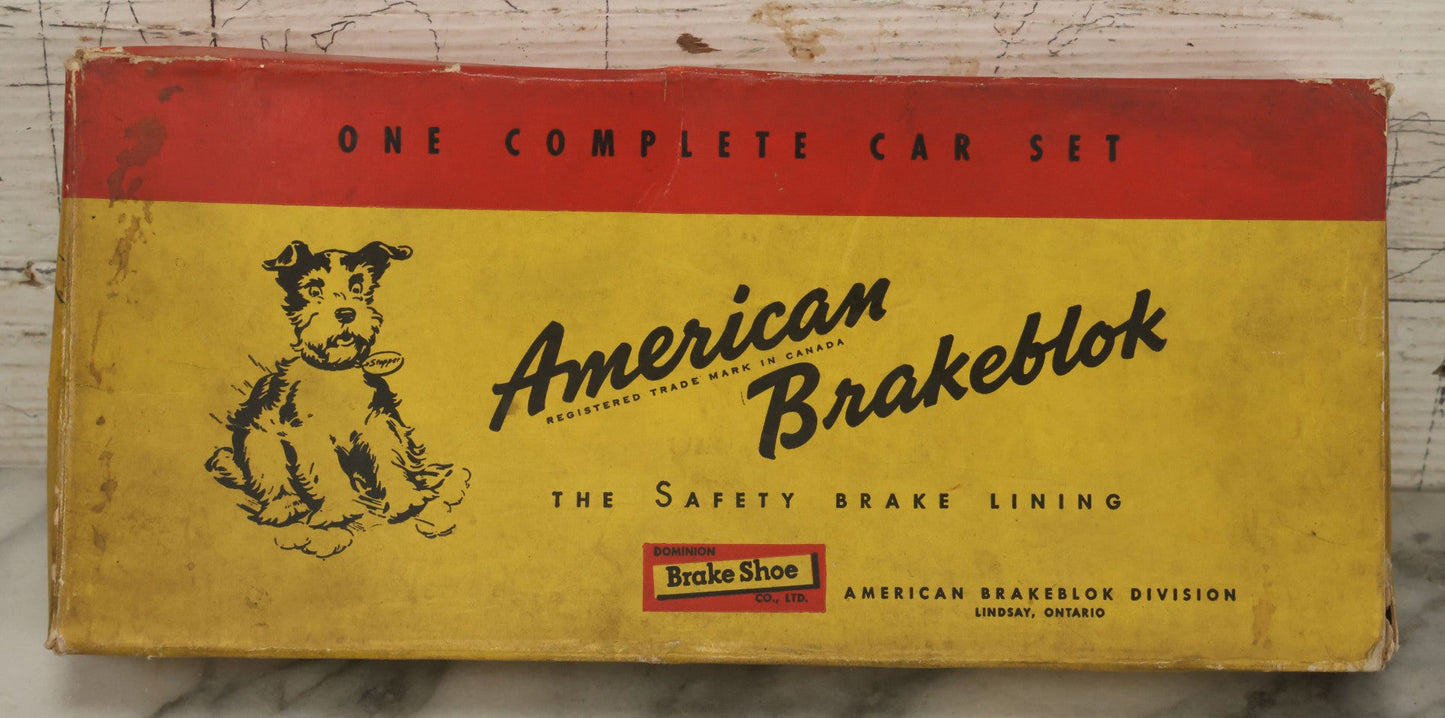 Lot 069 - Vintage American Brakeblok Safety Brake Lining Advertising Box With Stopper The Dog Mascot By Dominion Brake Shoe Company, Lindsay, Ontario, Canada, Circa 1946