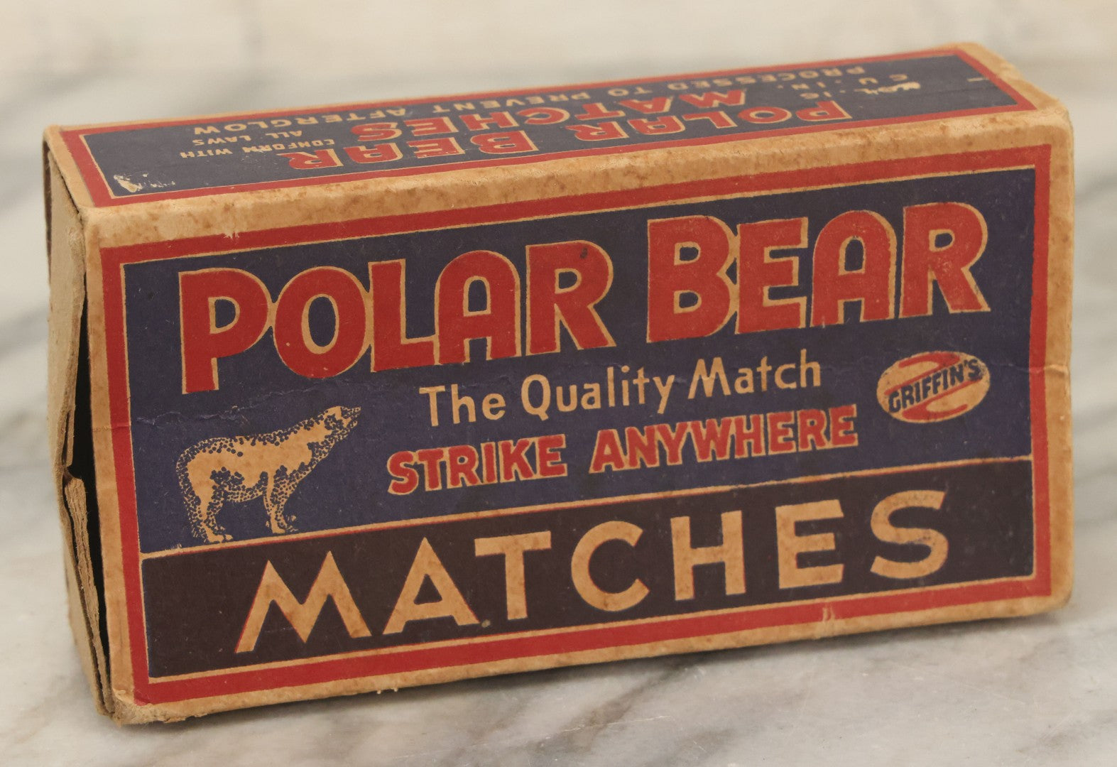 Lot 070 - Vintage Polar Bear Quality Strike Anywhere Matches Advertising Box By Griffin Grocery Co. Of Oklahoma, Texas And Arkansas, Box Empty