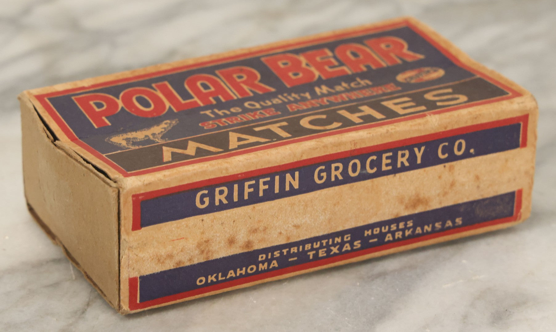 Lot 070 - Vintage Polar Bear Quality Strike Anywhere Matches Advertising Box By Griffin Grocery Co. Of Oklahoma, Texas And Arkansas, Box Empty