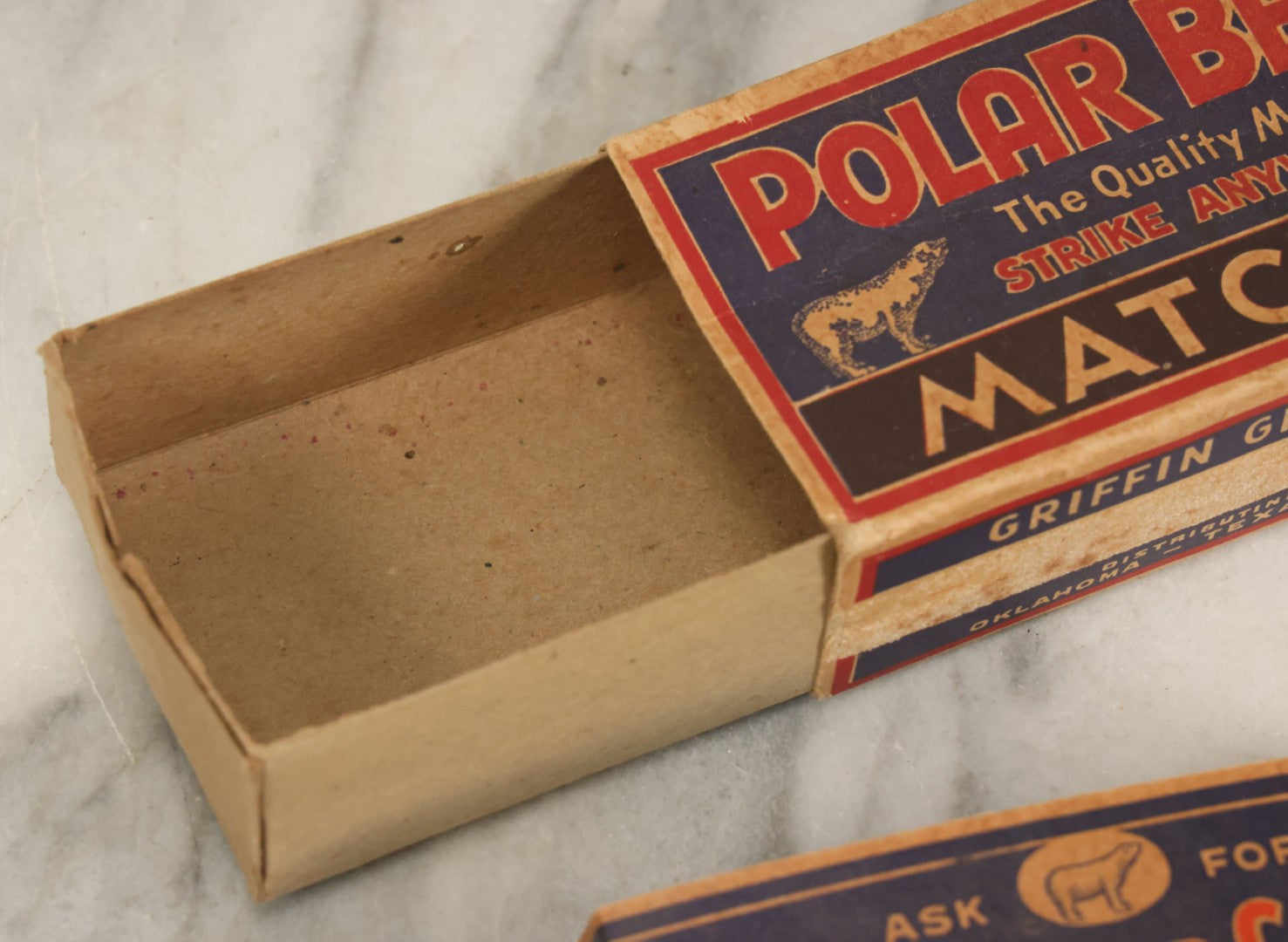 Lot 070 - Vintage Polar Bear Quality Strike Anywhere Matches Advertising Box By Griffin Grocery Co. Of Oklahoma, Texas And Arkansas, Box Empty
