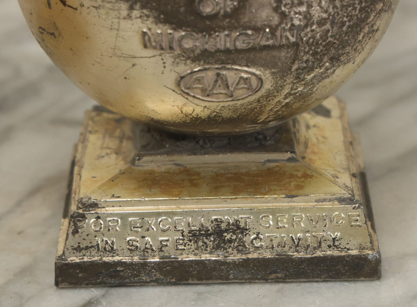 Lot 072 - Pair Of Vintage Automobile Club Michigan A.A.A. "Excellent Service And Safety Activity" Trophies, One In Gold Finish, One In Silver Finish, 10-1/4" Tall