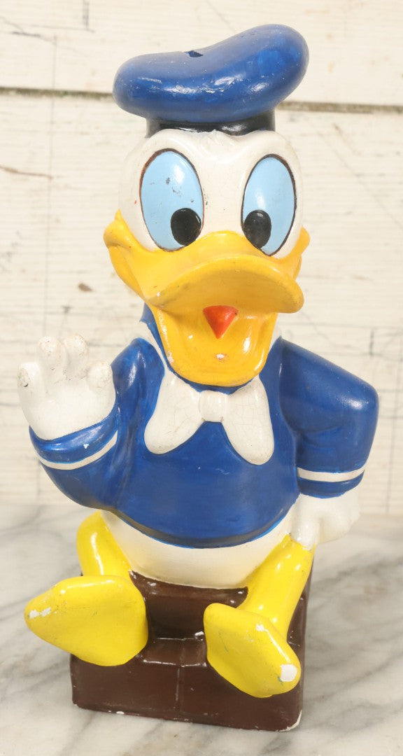 Lot 074 - Vintage Chalkware Donald Duck Novelty Bank, Copyright Walt Disney Productions, By Clay Pal Plastics Company, Note Various Chips, No Bottom Stopper, 11" Tall