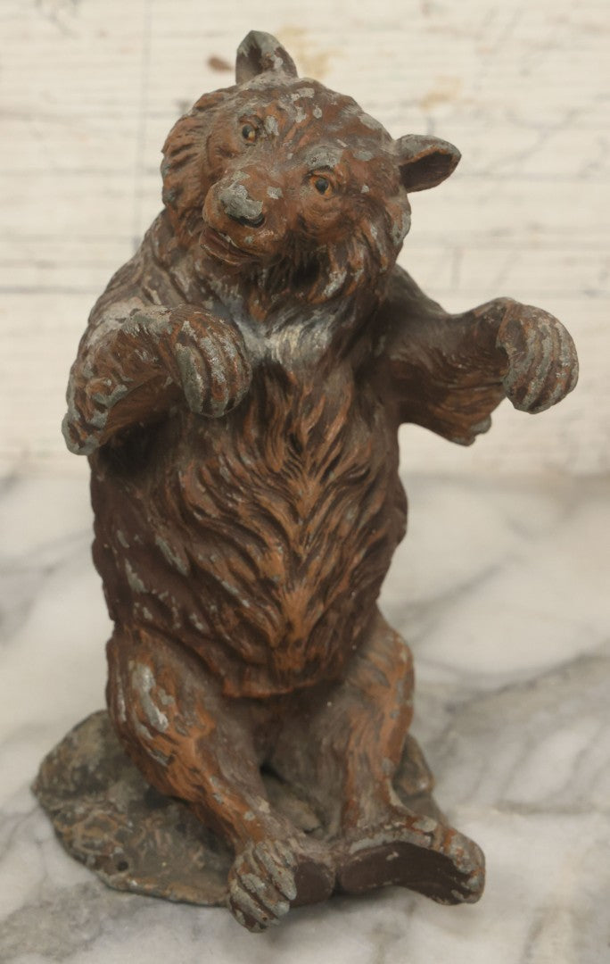 Lot 075 - Antique Cold Painted White Metal Brown Bear Novelty Statue Fragment As Found, 7" Height