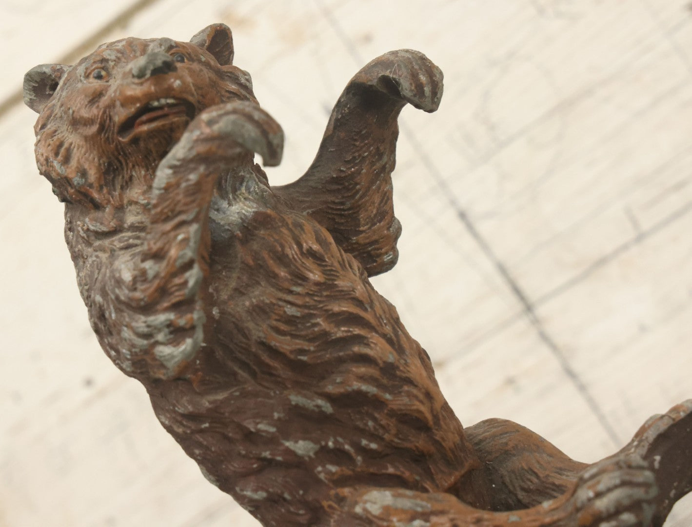 Lot 075 - Antique Cold Painted White Metal Brown Bear Novelty Statue Fragment As Found, 7" Height