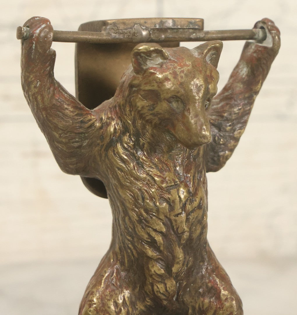 Lot 076 - Vintage Solid Brass Brown Bear Door Knocker With Remnants Of Old Paint And Tapered Mounting Holes, 4-3/8" Height
