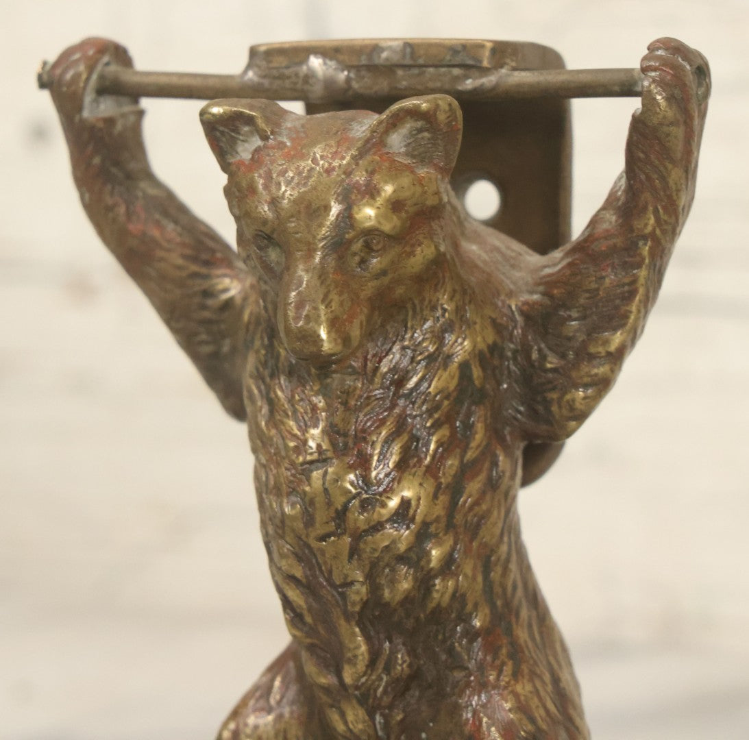 Lot 076 - Vintage Solid Brass Brown Bear Door Knocker With Remnants Of Old Paint And Tapered Mounting Holes, 4-3/8" Height