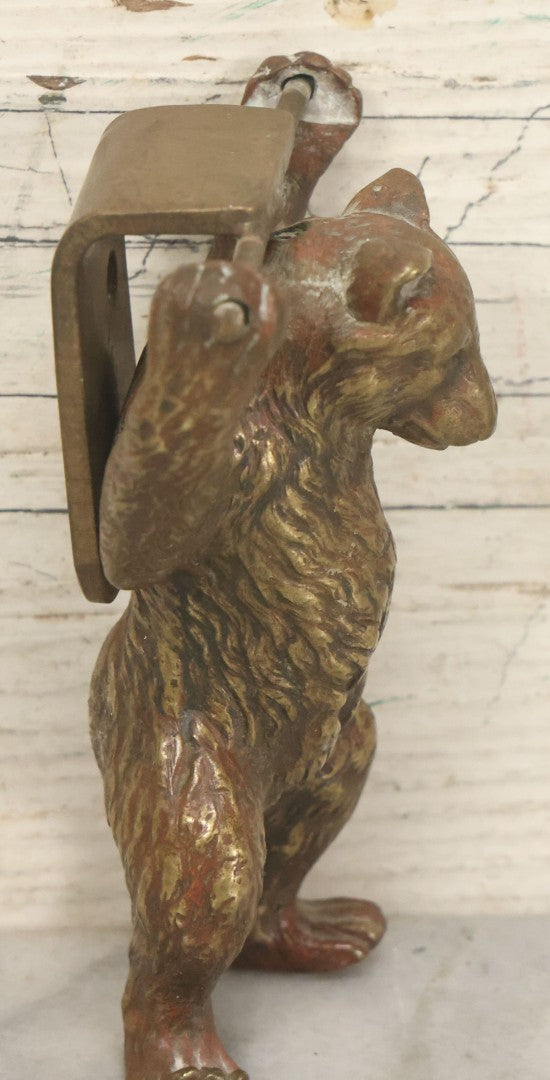 Lot 076 - Vintage Solid Brass Brown Bear Door Knocker With Remnants Of Old Paint And Tapered Mounting Holes, 4-3/8" Height