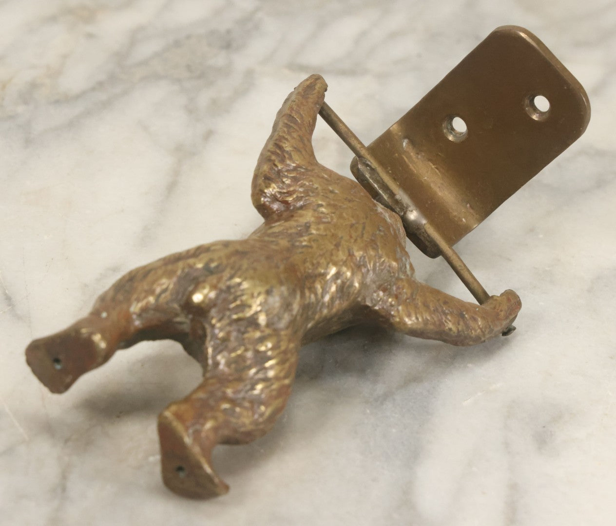 Lot 076 - Vintage Solid Brass Brown Bear Door Knocker With Remnants Of Old Paint And Tapered Mounting Holes, 4-3/8" Height