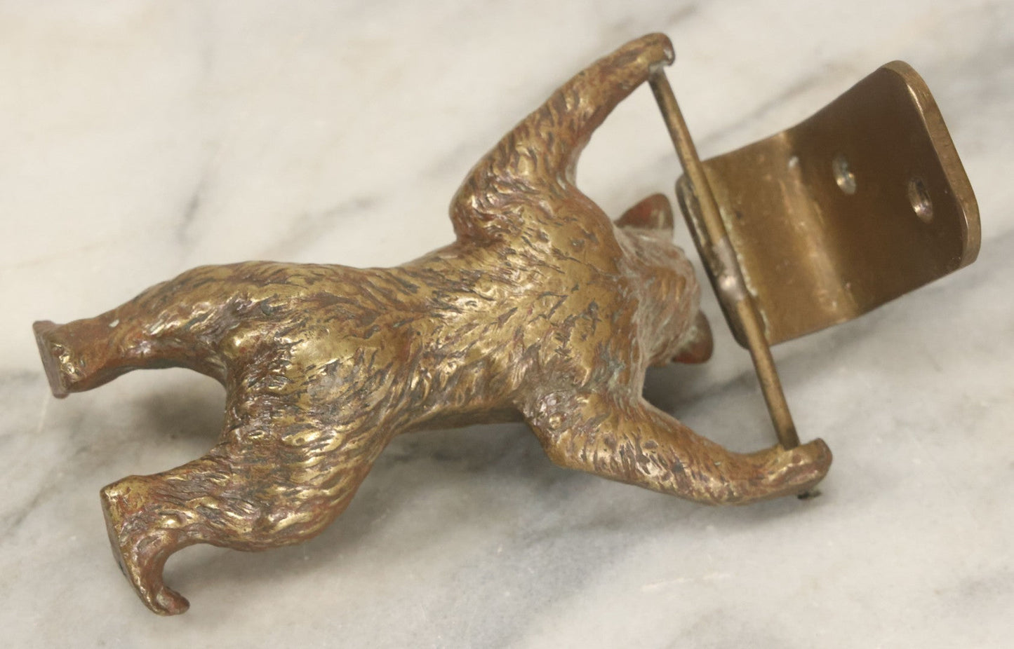 Lot 076 - Vintage Solid Brass Brown Bear Door Knocker With Remnants Of Old Paint And Tapered Mounting Holes, 4-3/8" Height