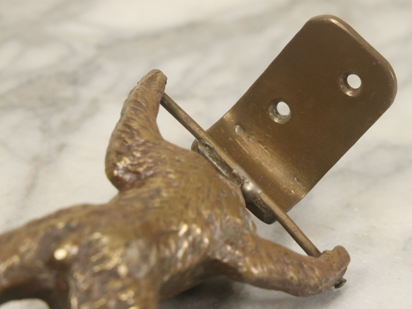 Lot 076 - Vintage Solid Brass Brown Bear Door Knocker With Remnants Of Old Paint And Tapered Mounting Holes, 4-3/8" Height