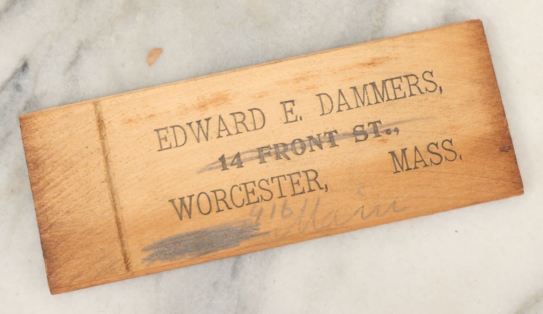 Lot 079 - Antique Slide Top Wooden Mailing Box From Edward E Dammers, Optician, Worcester, Massachusetts, Containing Two Pairs Of Antique Eyeglasses And Advertising Ephemera, Addressed To Mary Fickett, As Found, Note Cracks And Wear