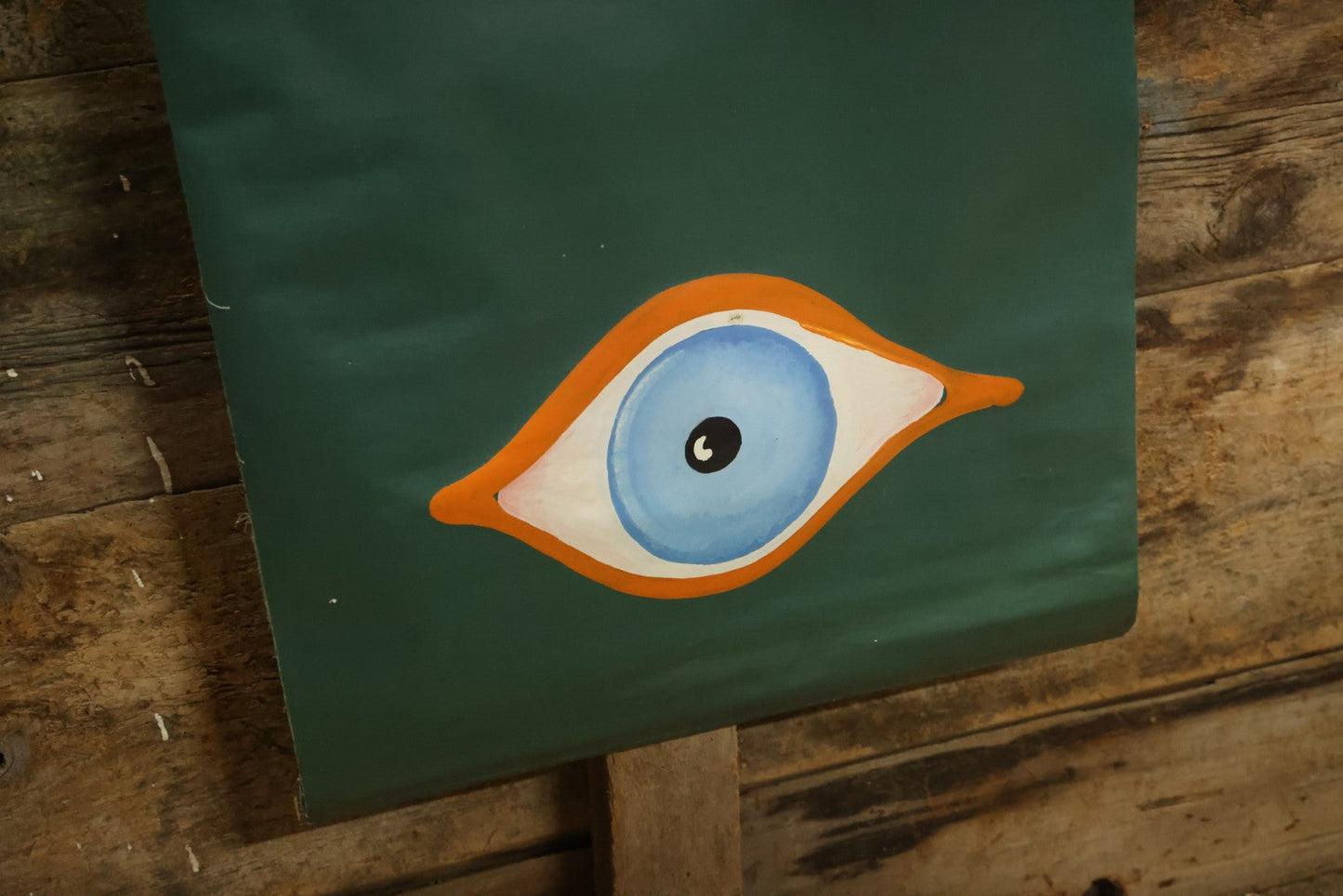 Lot 080 - Vintage Hand Painted Eyeball Art On Green Vinyl Window Blind,  26" Across x 73" Long Unrolled Including Hangers