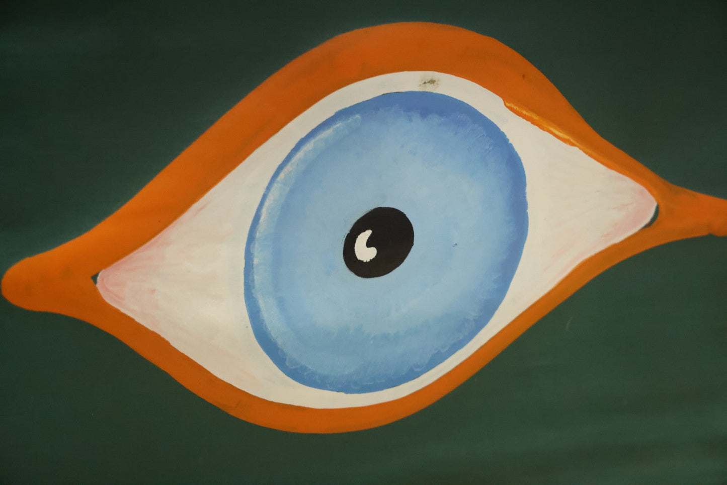 Lot 080 - Vintage Hand Painted Eyeball Art On Green Vinyl Window Blind,  26" Across x 73" Long Unrolled Including Hangers