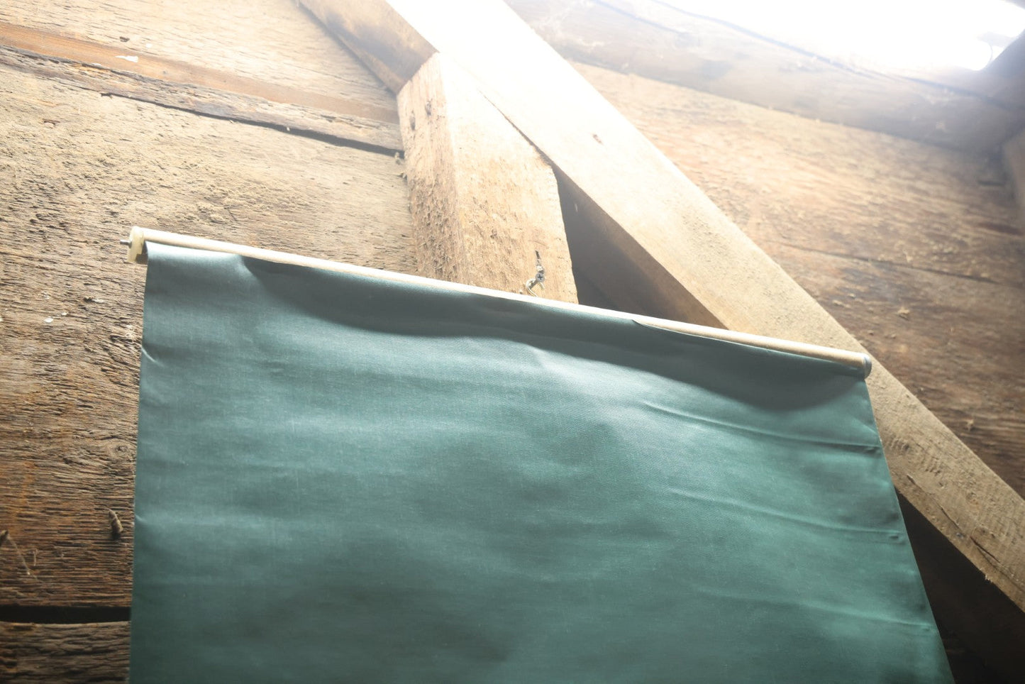 Lot 080 - Vintage Hand Painted Eyeball Art On Green Vinyl Window Blind,  26" Across x 73" Long Unrolled Including Hangers